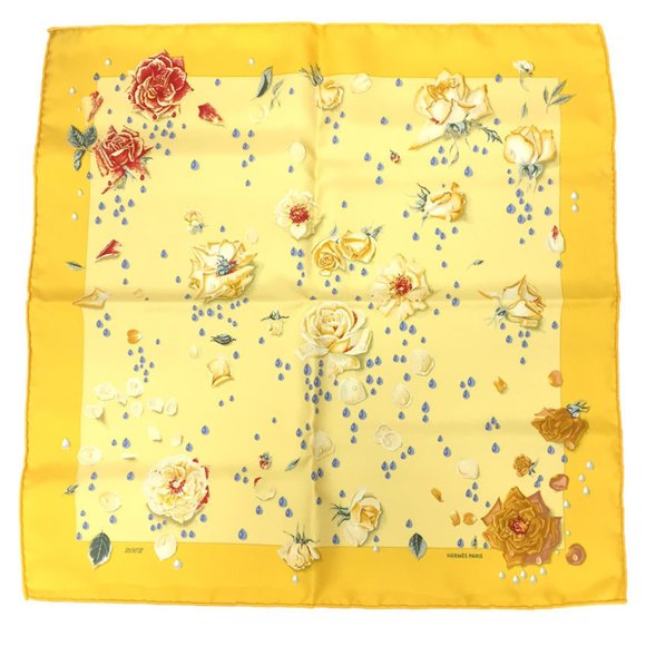 HERMES La Rosse Scarf, Carré 45, Dewdrop Rose Flower, Silk, Yellow - Picture 1 of 3